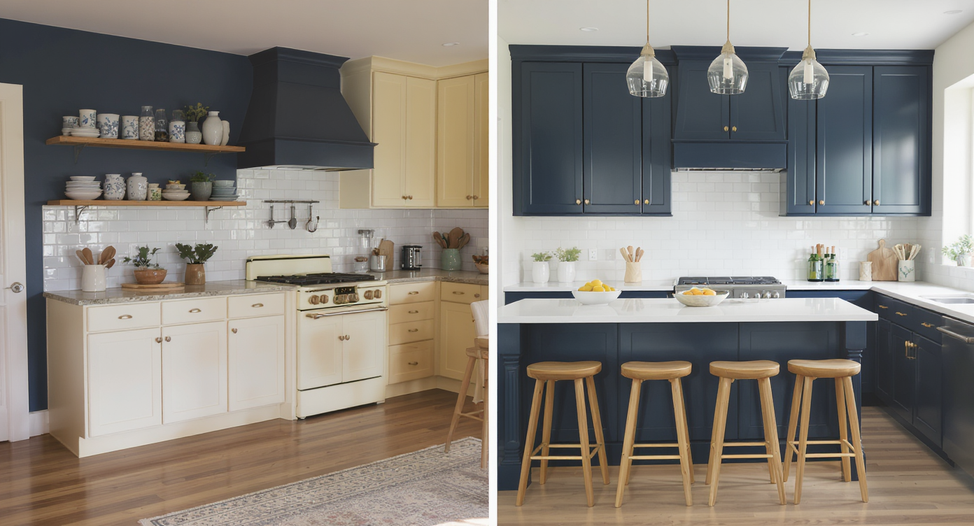 Split image of a kitchen showing clashing colors on one side and harmonious color coordination on the other side.