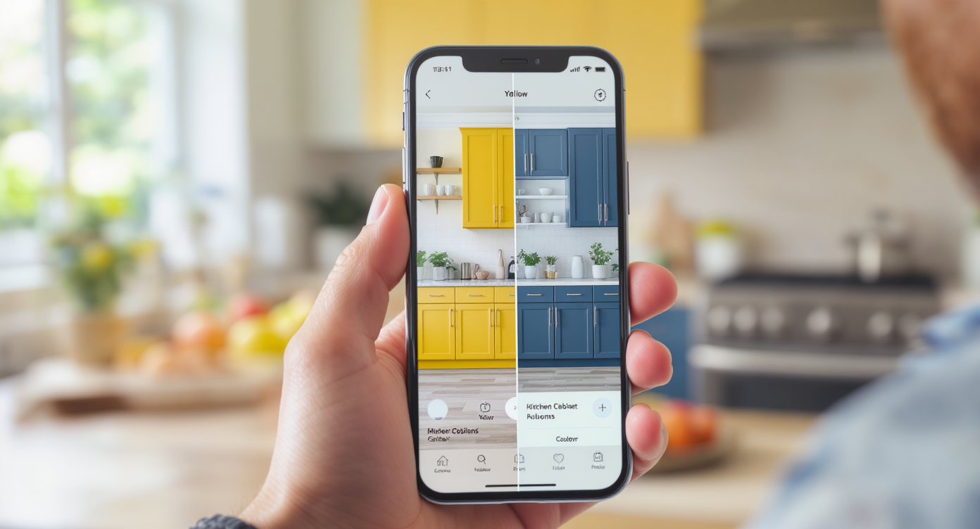 Smartphone displaying an app digitally restyling a kitchen's cabinet colors from yellow to navy blue.