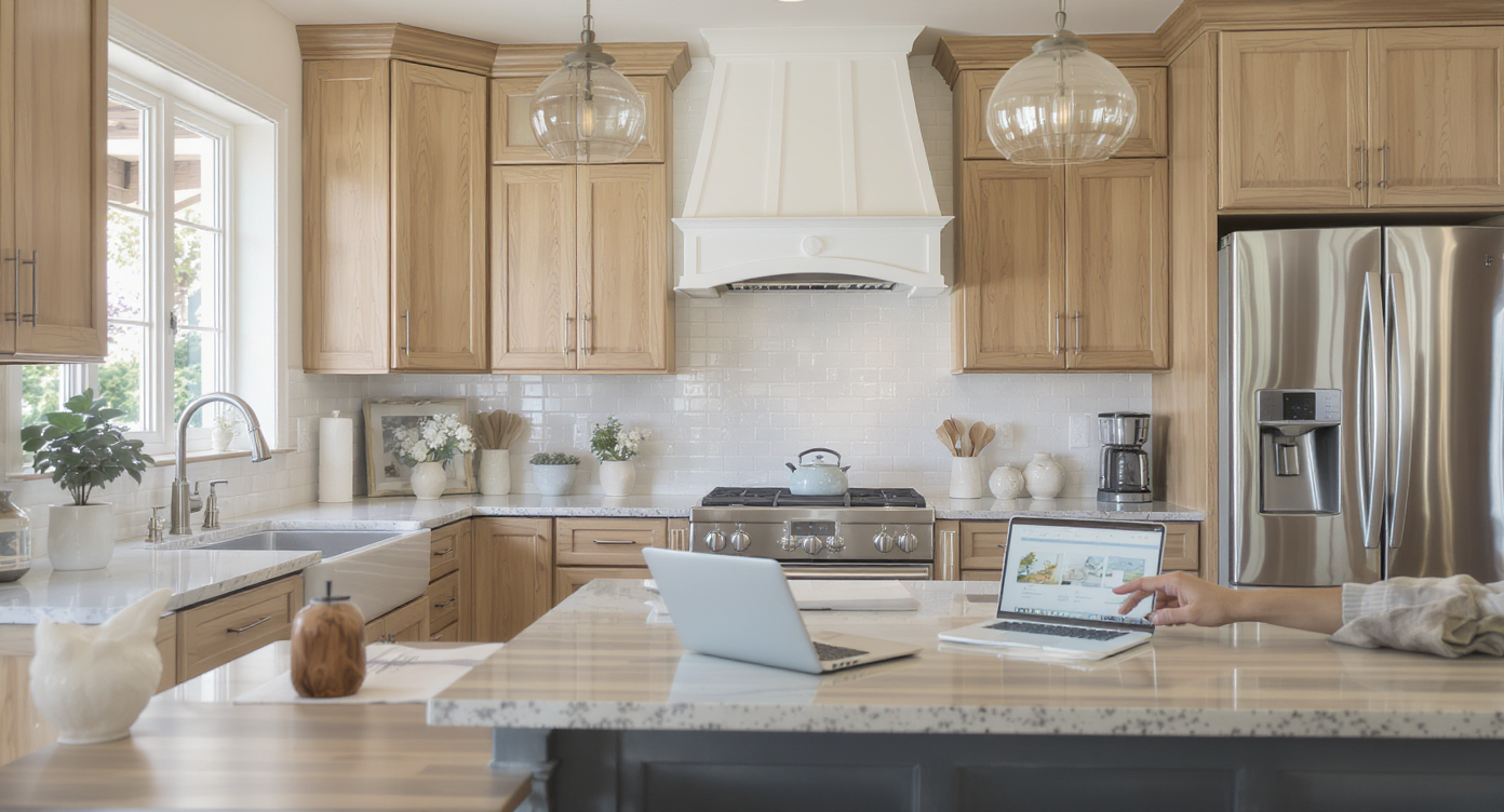 Well-styled kitchen with perfectly matched colors and lighting, designer viewing virtual staging results on a laptop nearby.