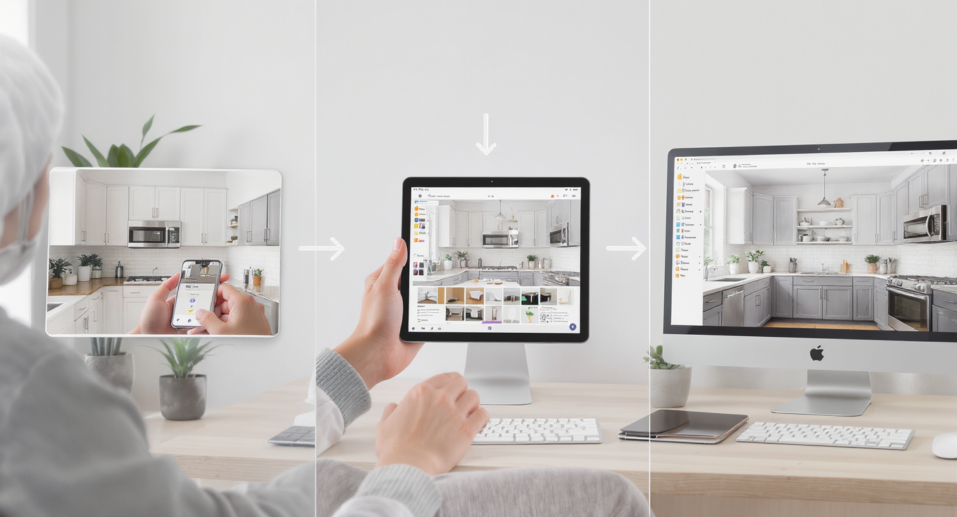 Visual workflow showing kitchen photo upload, style selection, and AI virtual staging output on various digital devices.