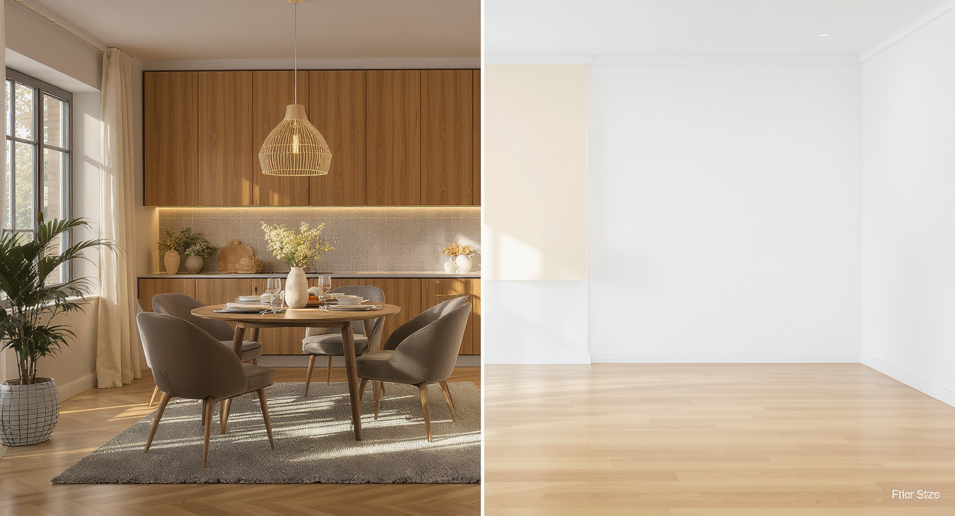 Dining room in warm wood tones transitioning from a fully set table to an empty, bright space emphasizing architectural features.