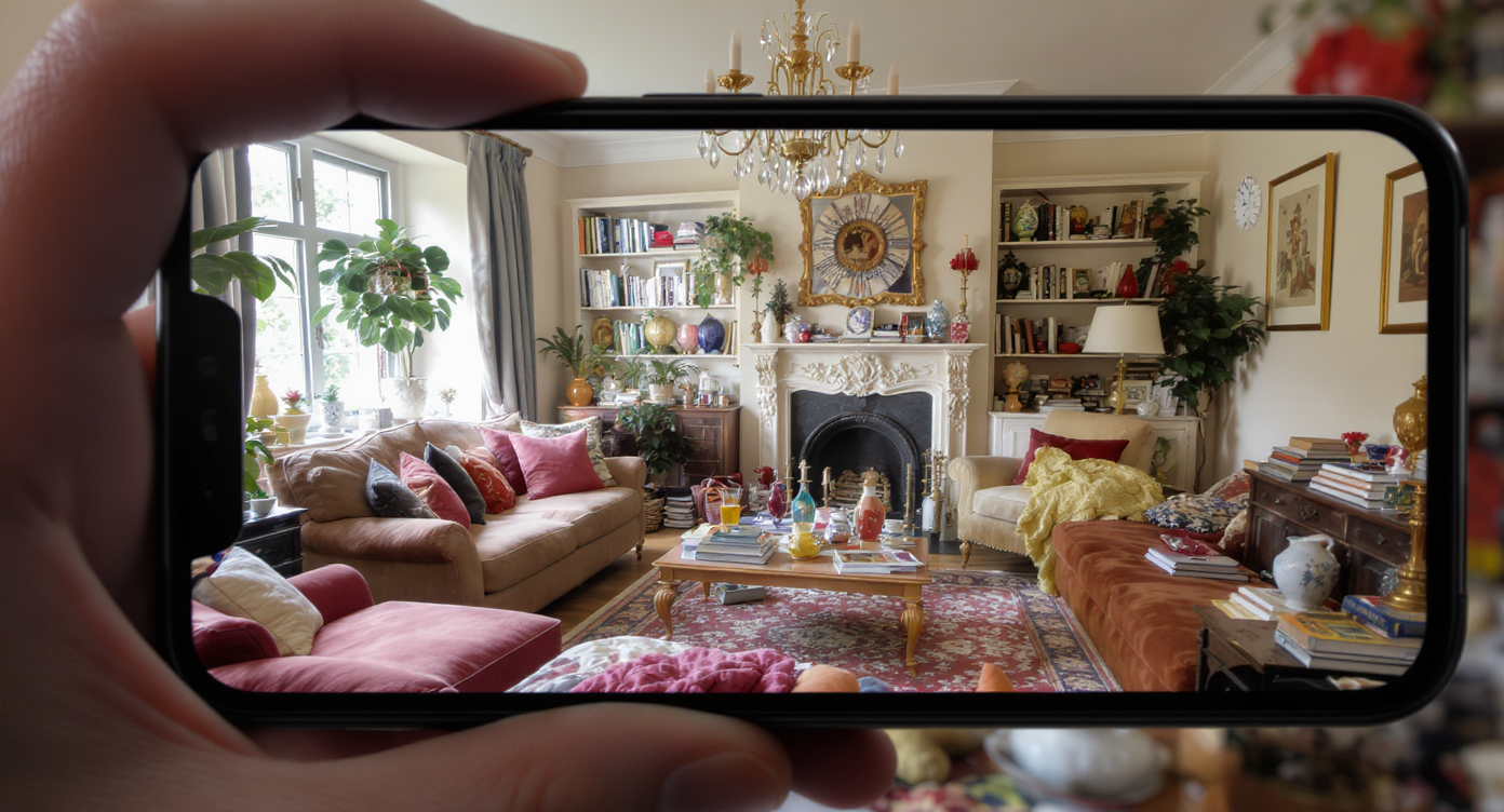 Cluttered living room filled with colorful furniture and decorations appearing visually busy on small mobile screen.