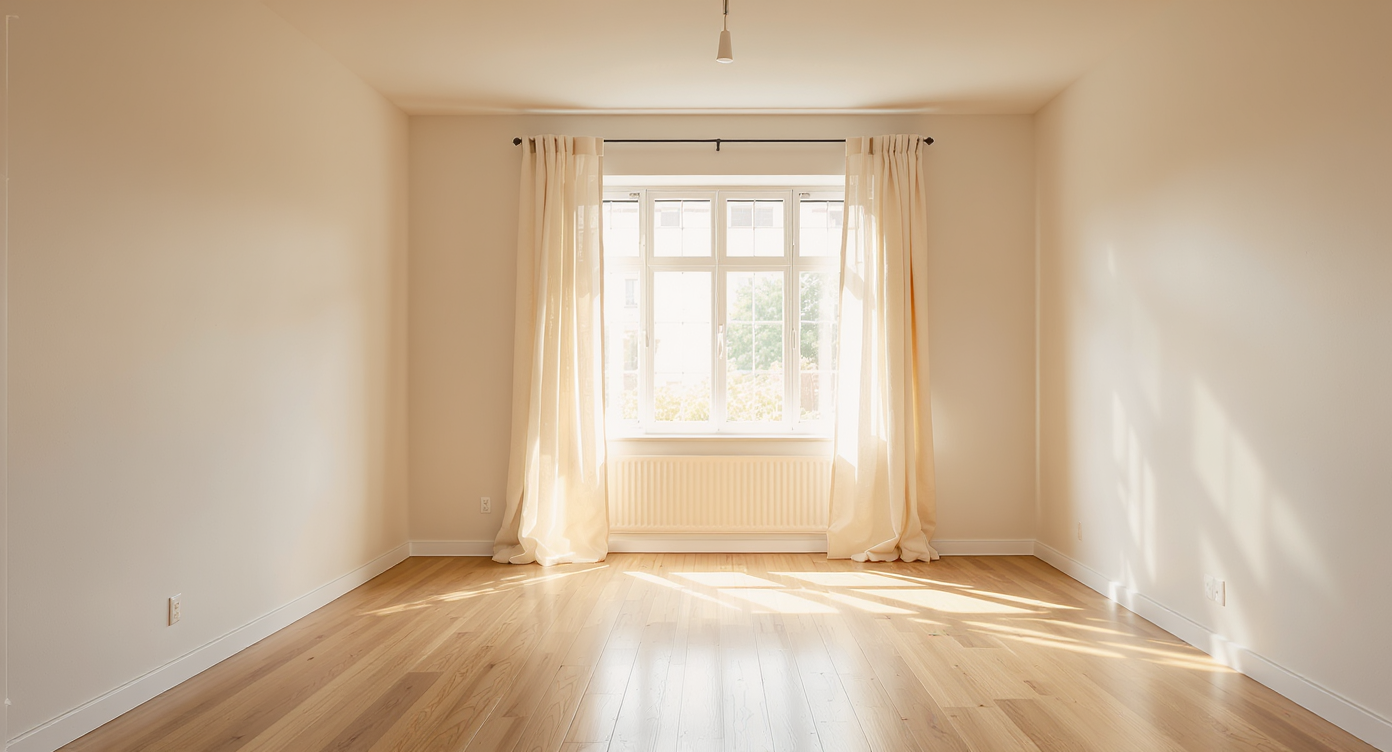 Empty modern bedroom with large window sunlight highlighting shadows and architectural details for realistic AI editing.