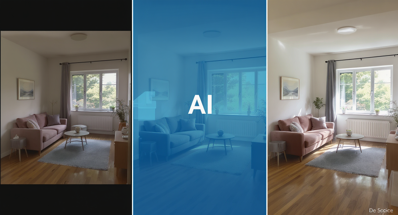 Three-step illustration of occupied room photo upload, AI processing, and resulting empty room showing floors and windows clearly.