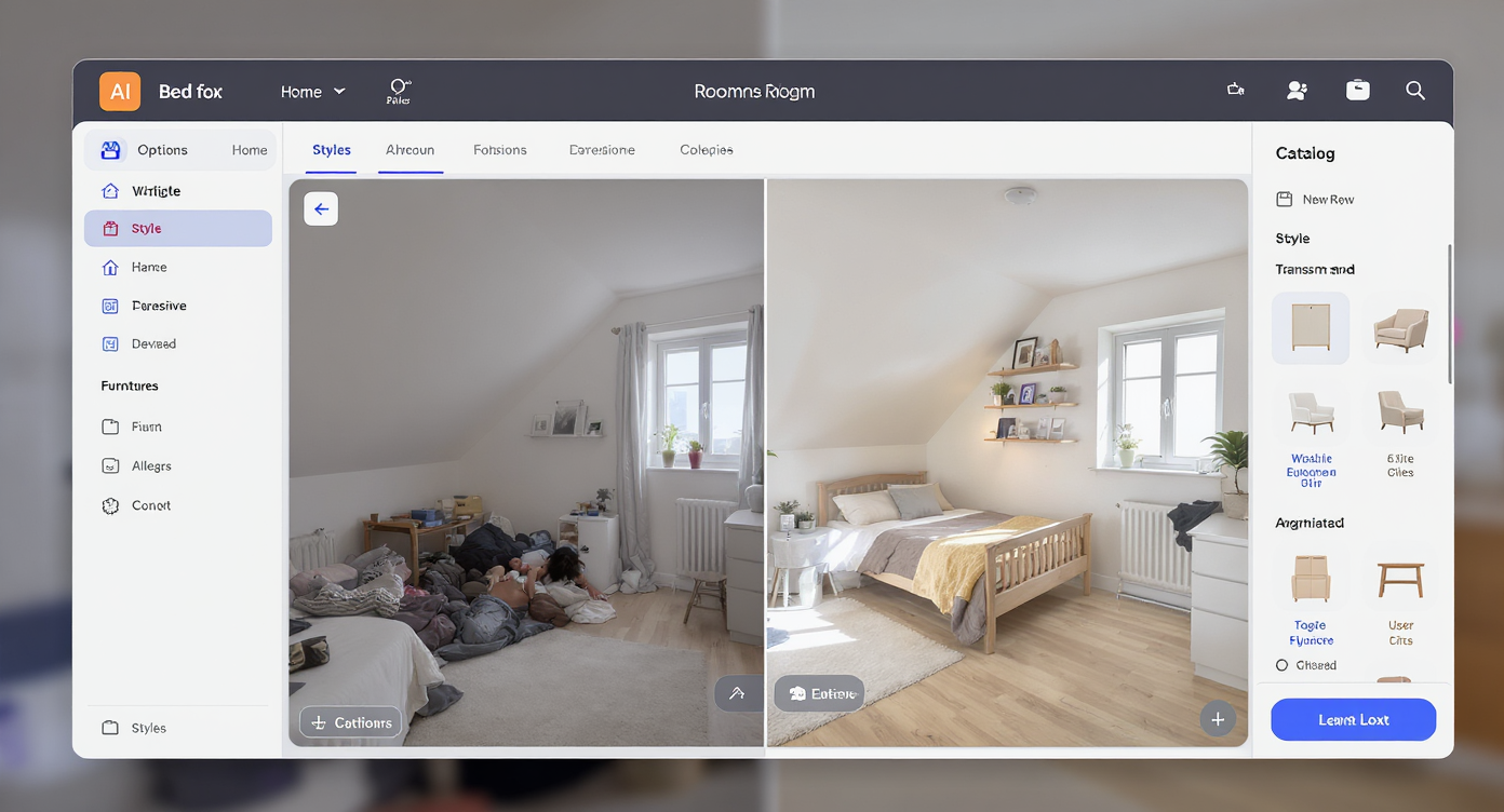Digital interface showing before and after AI room redesign of small angled-bedroom with layout and lighting changes.