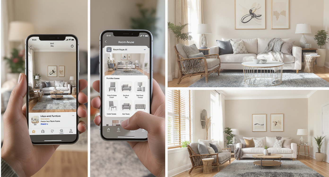 Four-photo sequence: taking room photo, uploading to AI tool, adjusting furniture, and final rendered layout.