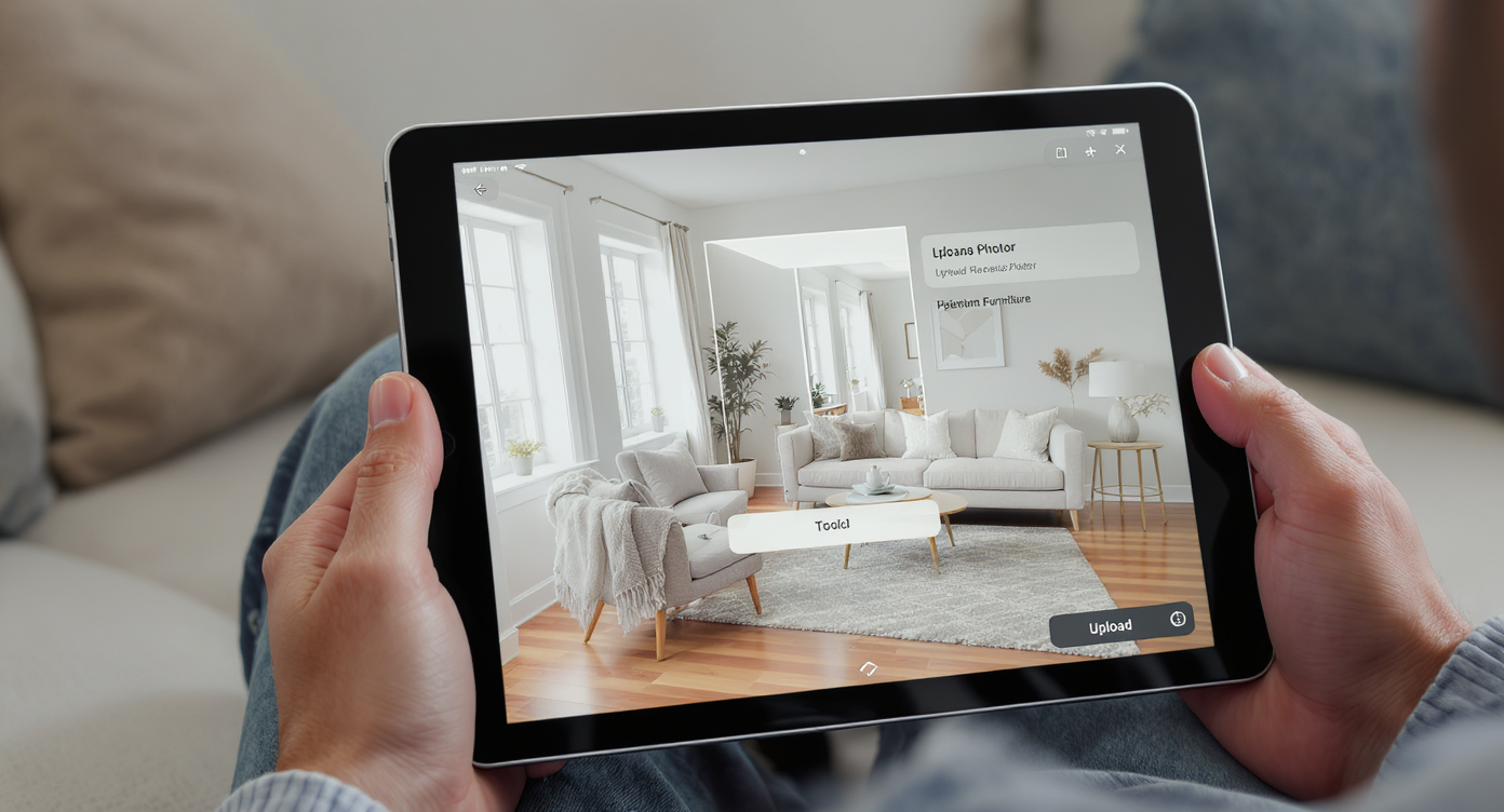 User holding tablet displaying AI tool for reshaping living room furniture arrangements from a photo.