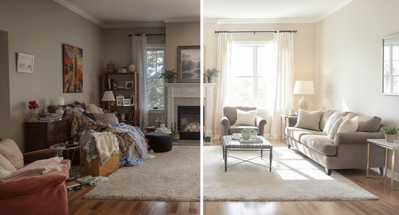 Room split showing cluttered, cramped space on left and clear, inviting zoned seating on right with couch and lamp.
