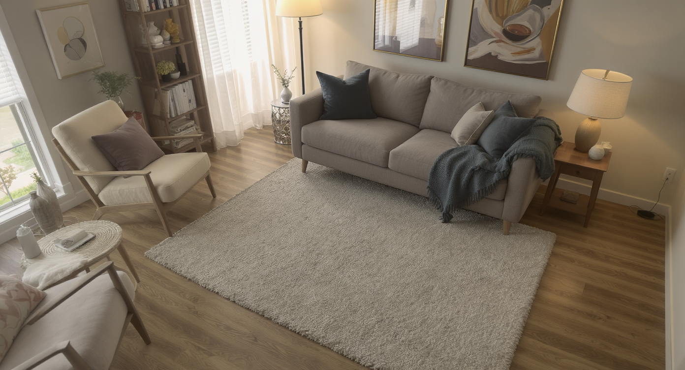 Cozy living room with rug under couch legs, glowing lamp near chairs, and well-hung wall art enhancing realism.