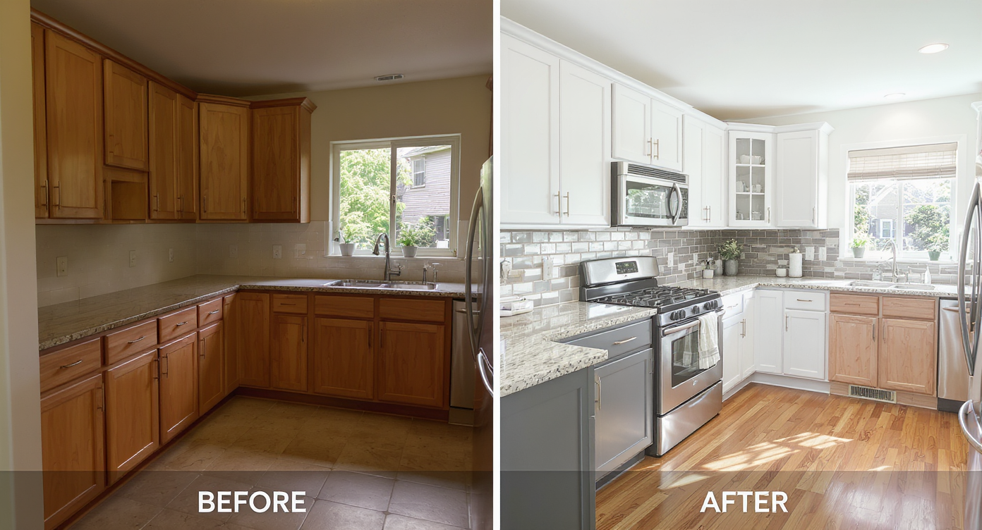 Split image of an empty kitchen and the digitally restyled kitchen with cabinets, backsplash, and dining nook.