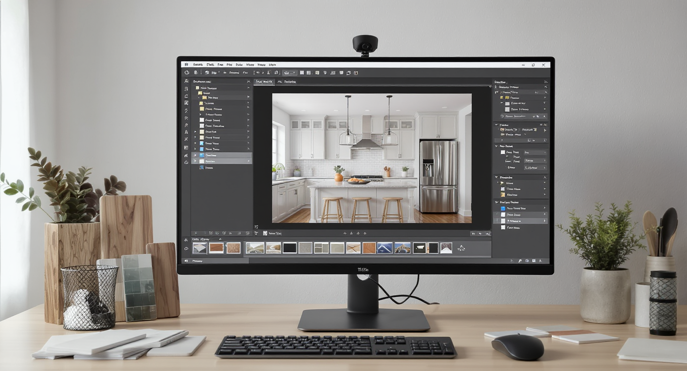 Workspace with monitor displaying step-by-step virtual staging of kitchen elements alongside design materials.