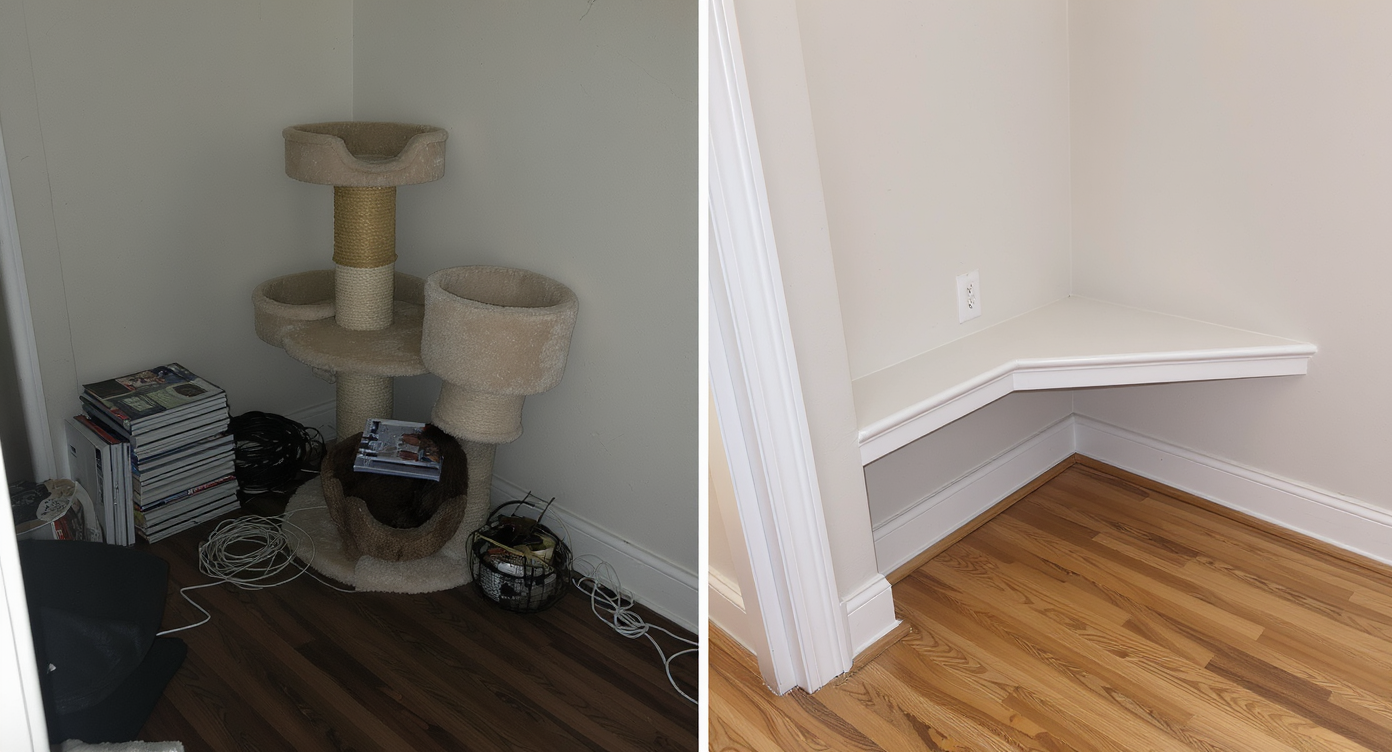 Comparison of cluttered and decluttered room corners highlighting floors and built-ins in natural light.