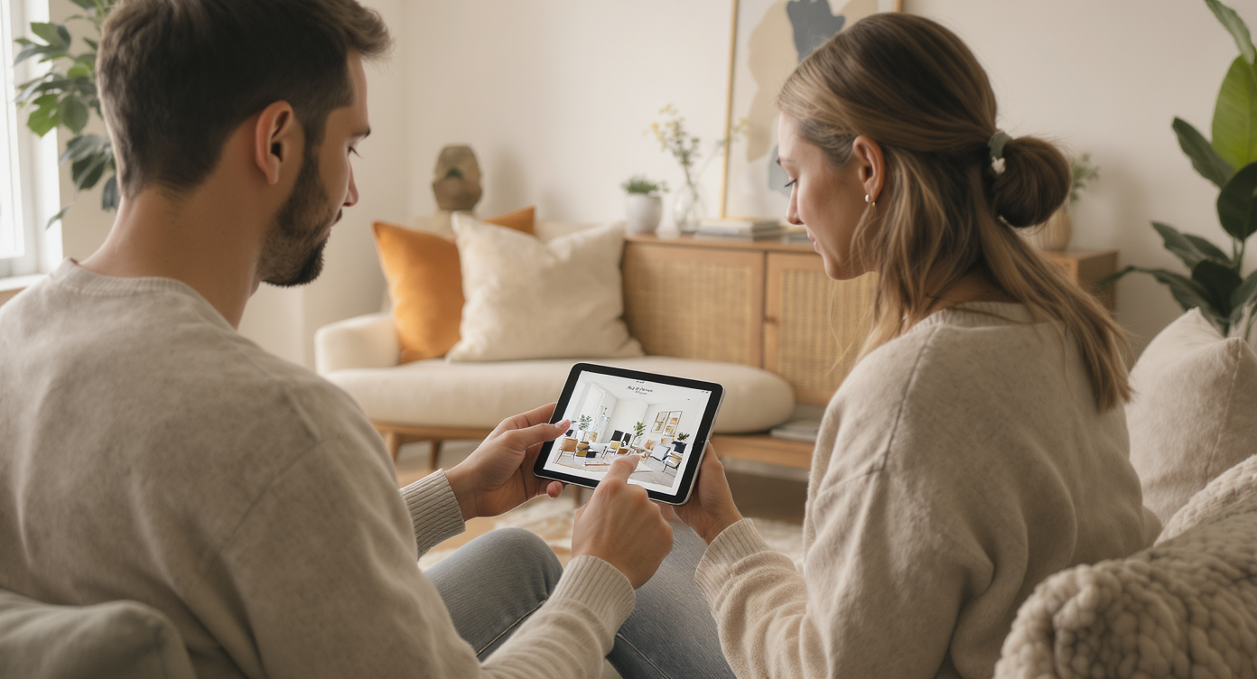 Designer in modern living room showing tablet with before-and-after images of room decluttering.