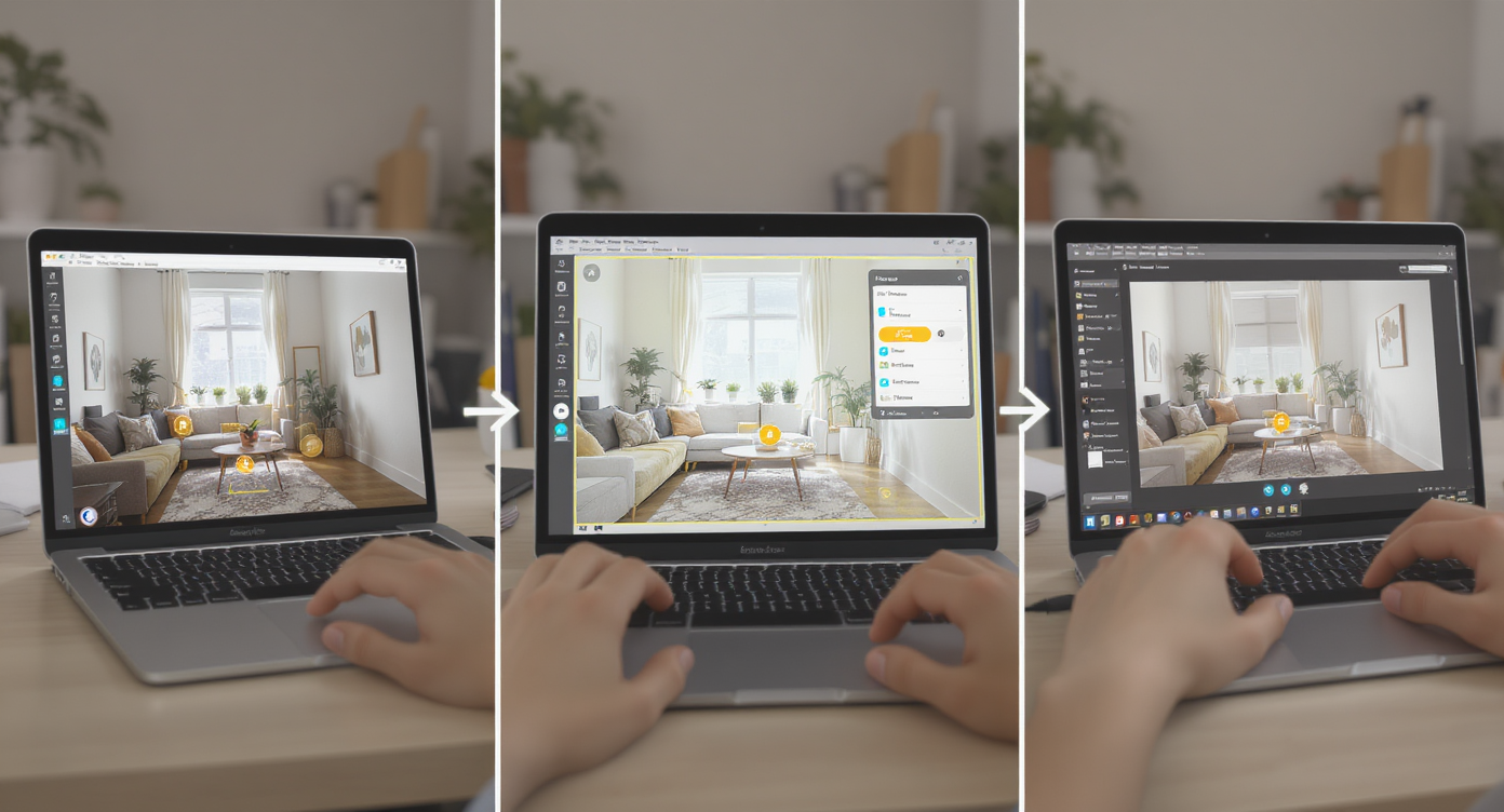 Step-by-step digital workflow for removing objects from room photos using AI on a laptop.