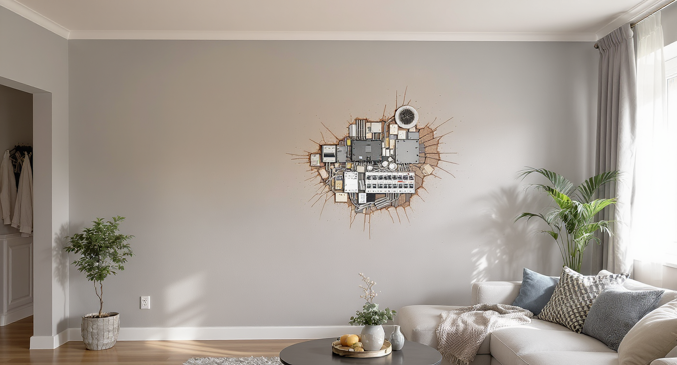 Living room wall featuring a breaker box, switches, and an odd vent disrupting the sleek interior design.
