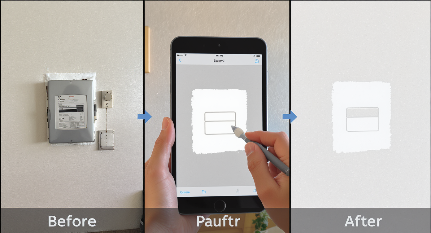 Three-step progression: wall with breaker box, user erasing it on device, final clean wall result.