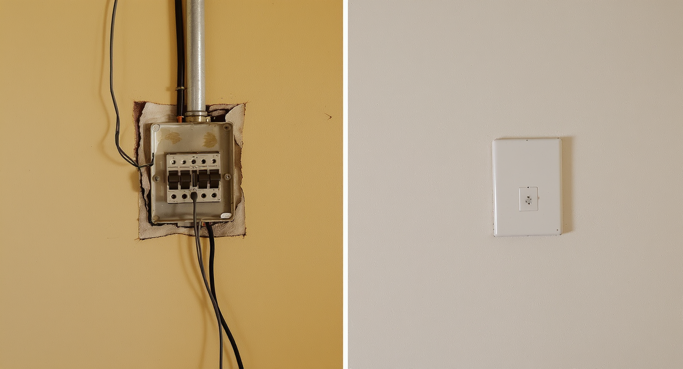 Side-by-side comparison of a bedroom wall with a breaker box and cords, and the same wall with them digitally removed.