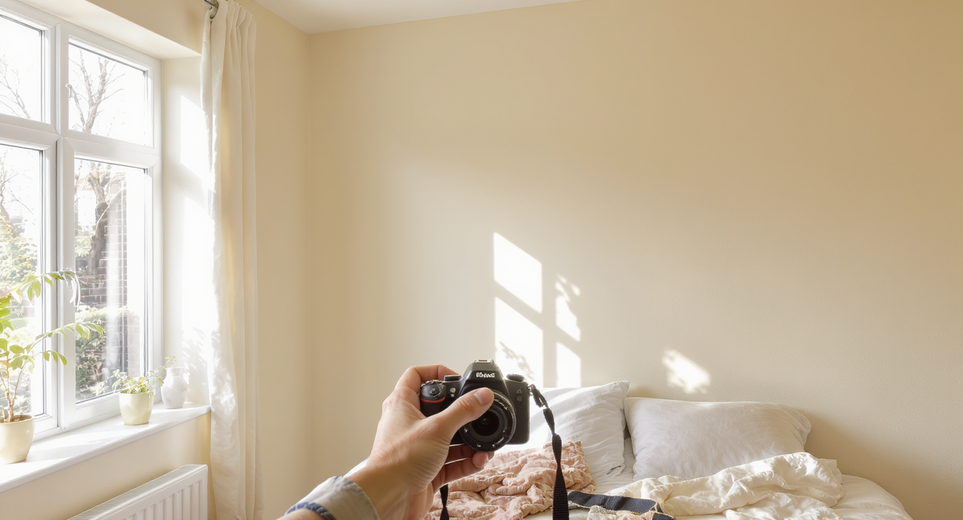 Designer composing a bright, clean bedroom wall photo optimized for AI object removal editing.