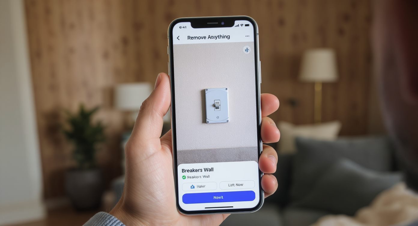 User holding smartphone showing Remove Anything AI tool removing a breaker box from a bedroom wall.