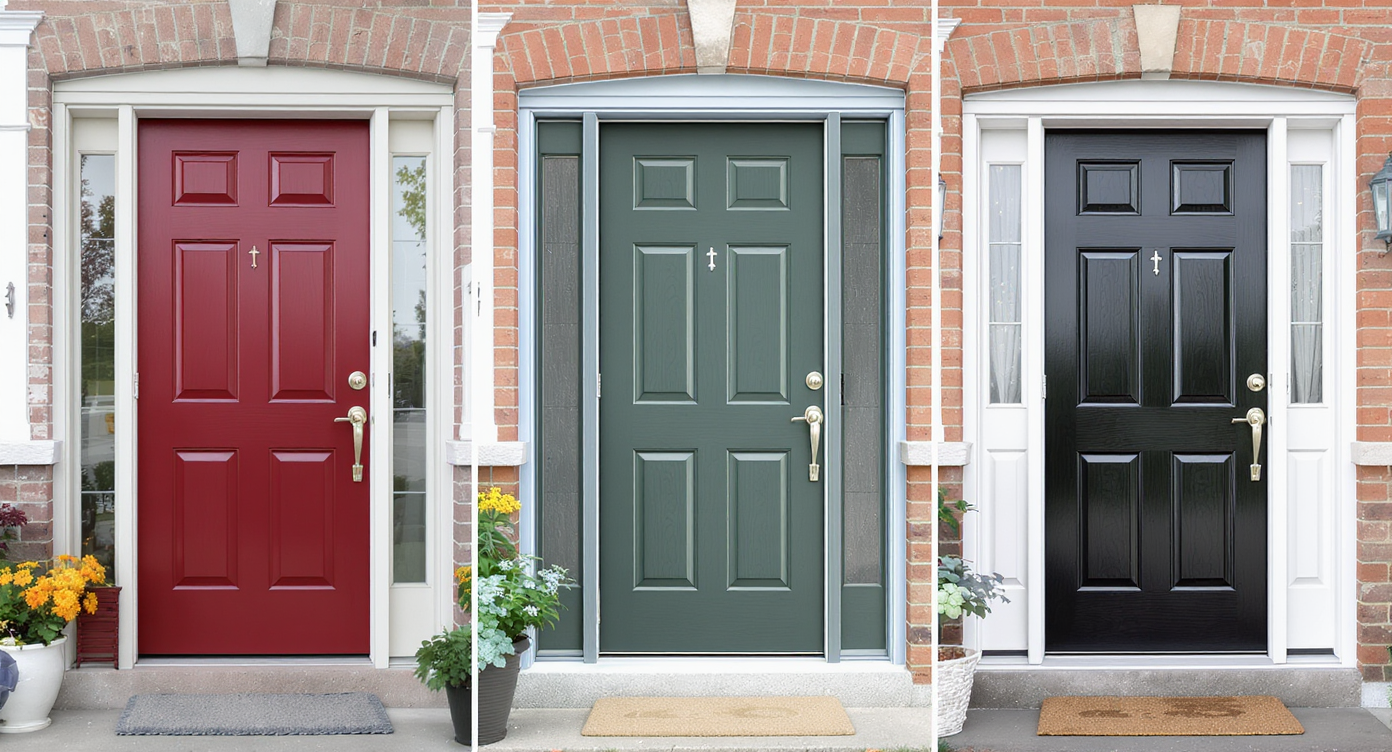 Before and after digital photo overlays illustrating door color, glass privacy, and trim swaps on a home facade image.
