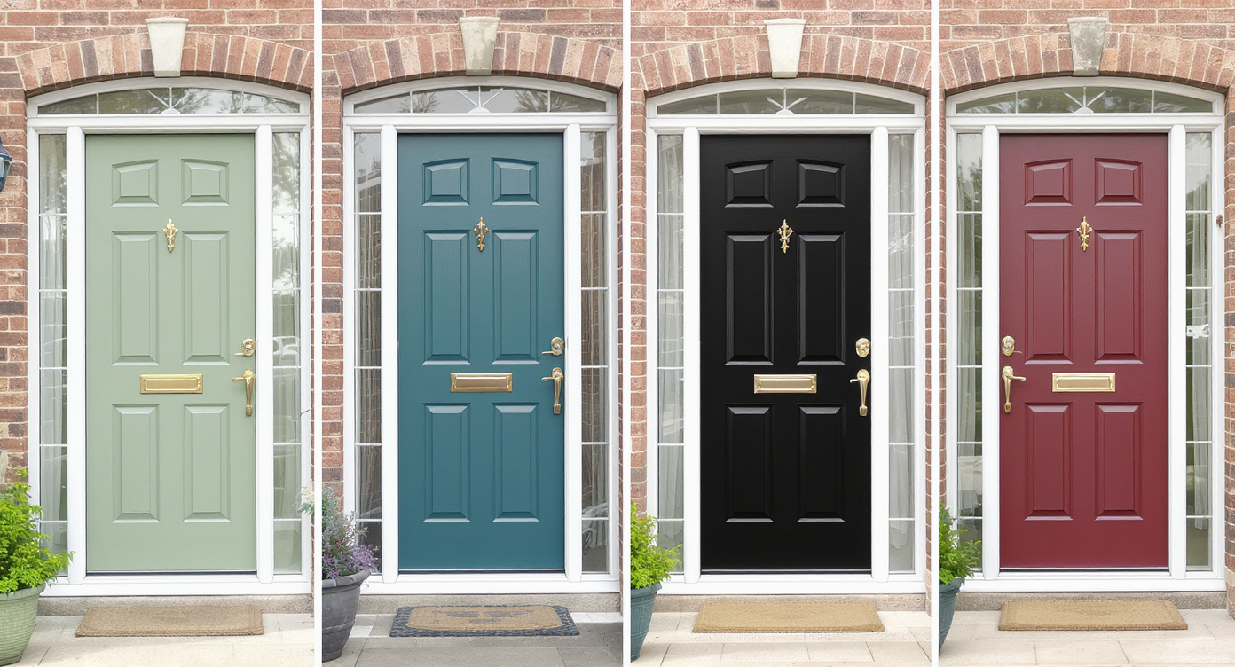 Four side-by-side front door variants with colors sage, teal, black, and maroon, differing sidelites, and trim styles against warm brick.