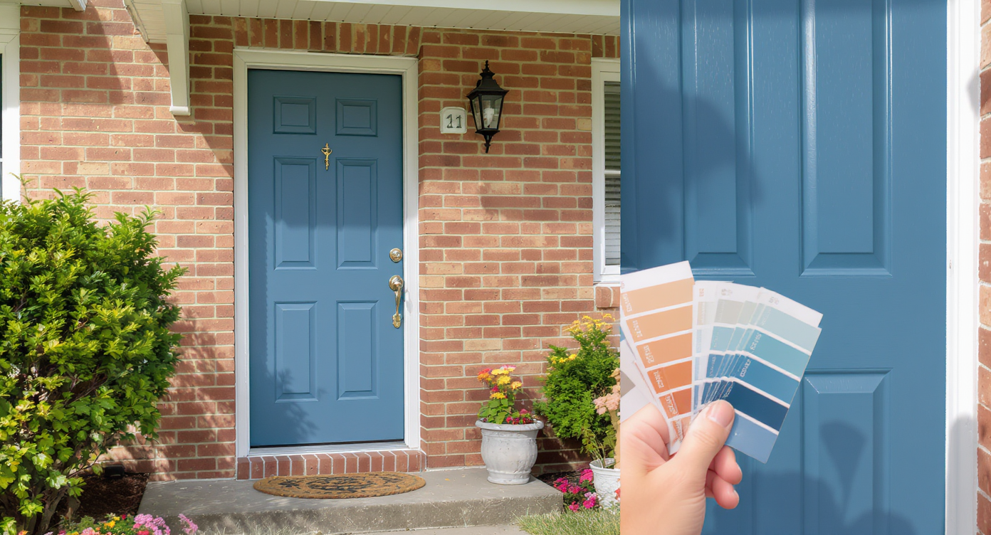 Frustrated homeowner observing a dull blue front door clashing with warm brick facade under bright daylight.
