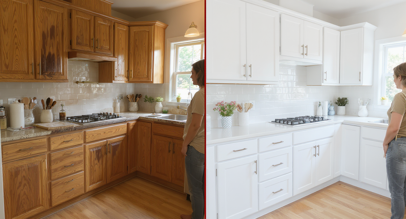 Split image of kitchen cabinets before with worn oak finish and after with white paint and modern hardware, natural light.