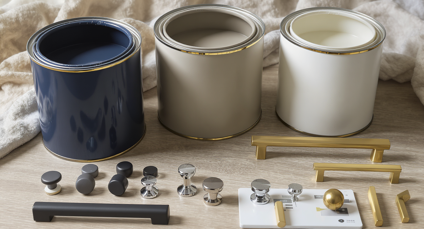 Close-up of cabinet paint swatches and diverse hardware samples displayed on wooden table in natural light.