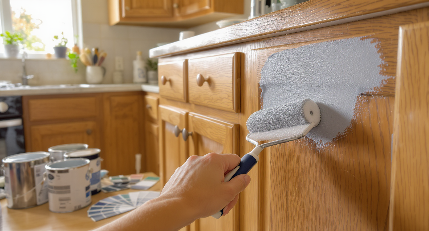 Close-up of a hand painting wooden kitchen cabinet doors light gray with natural daylight and paint supplies nearby.