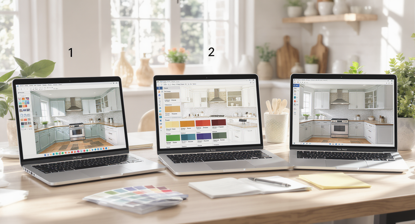 Desk with laptop showing stepwise cabinet painting visualization process under natural light and design notes.