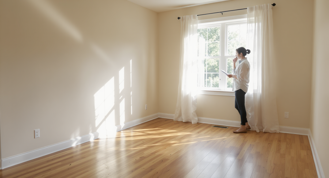 Empty bedroom bathed in natural light showing realistic floor texture and subtle wear, with designer evaluating space for staging.
