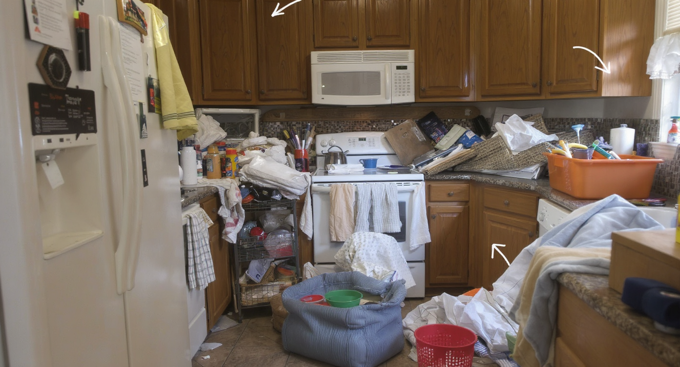 Cluttered kitchen interior with appliances and furniture blocking key flooring edges and cabinetry lines under natural light.