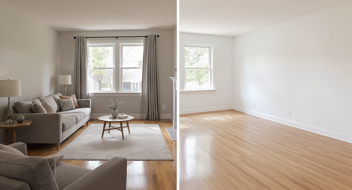Mid-century living room showing furnished version alongside completely cleared empty room highlighting architecture and clean floors.