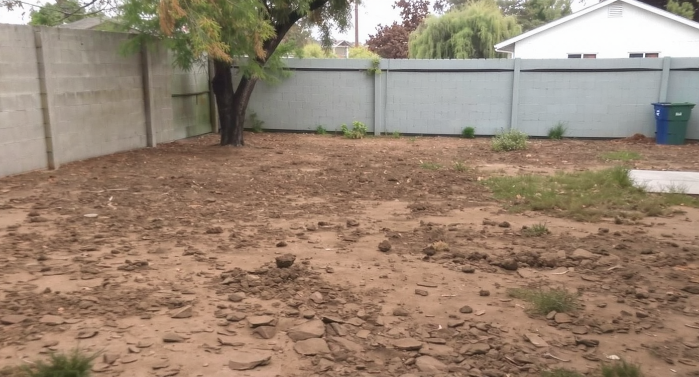 Bare backyard with uneven soil, patchy grass, no pathways or seating, lit by natural daylight showing an undefined outdoor space.