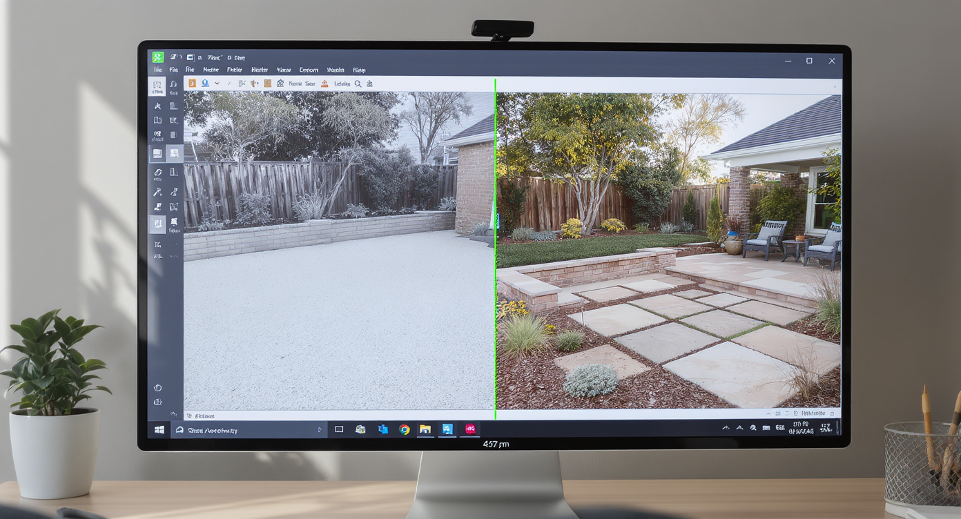 Desktop view of AI software transforming a bare yard photo into a designed patio with walkways and seating in a modern workspace.