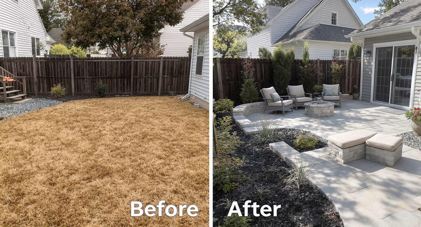 Side-by-side before and after photos of a backyard showing bare yard transformed with stone patios and seating areas in daylight.