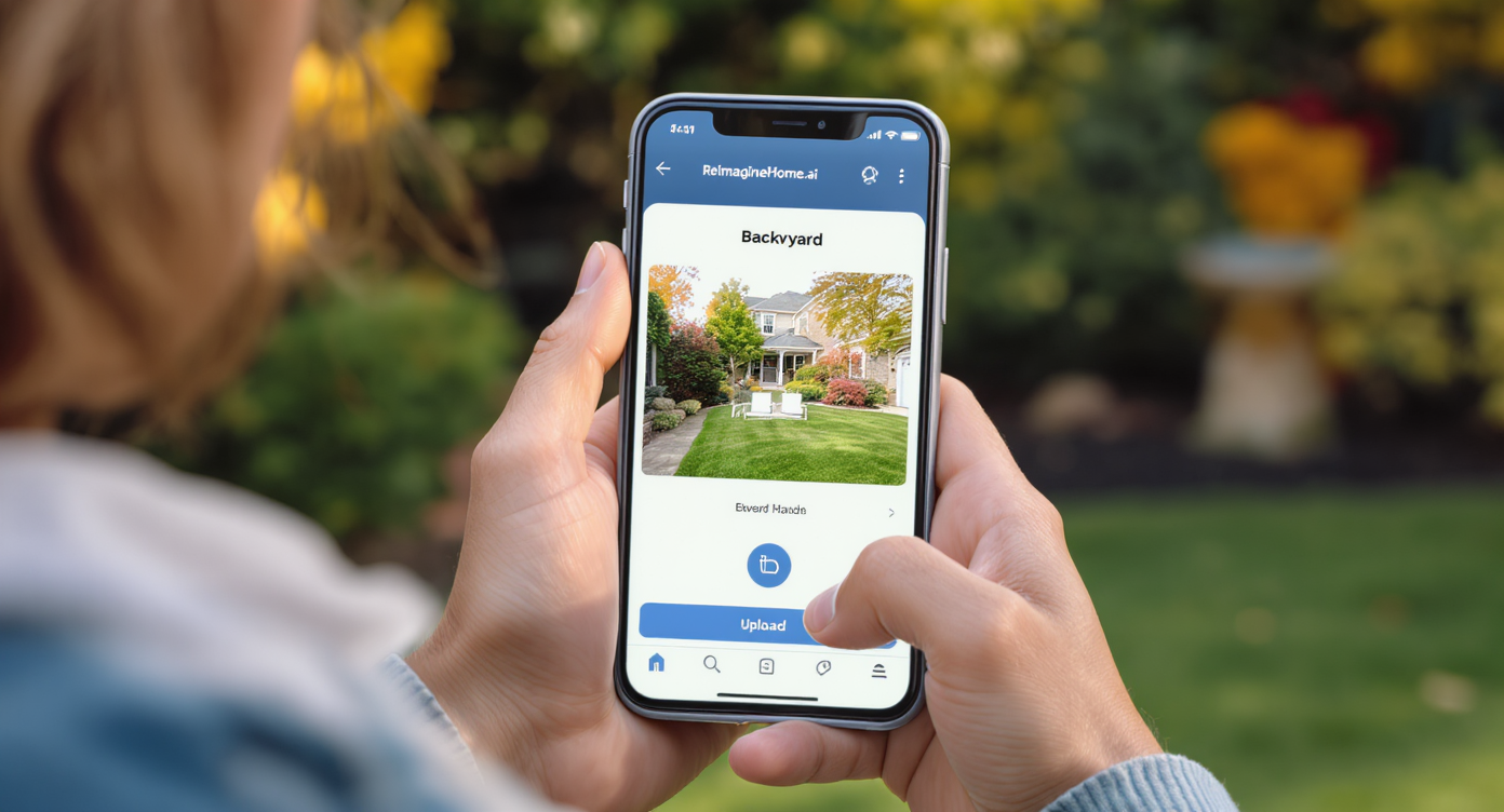 Person outdoors holding a tablet showing ReimagineHome.ai app upload screen with backyard photo ready to transform.