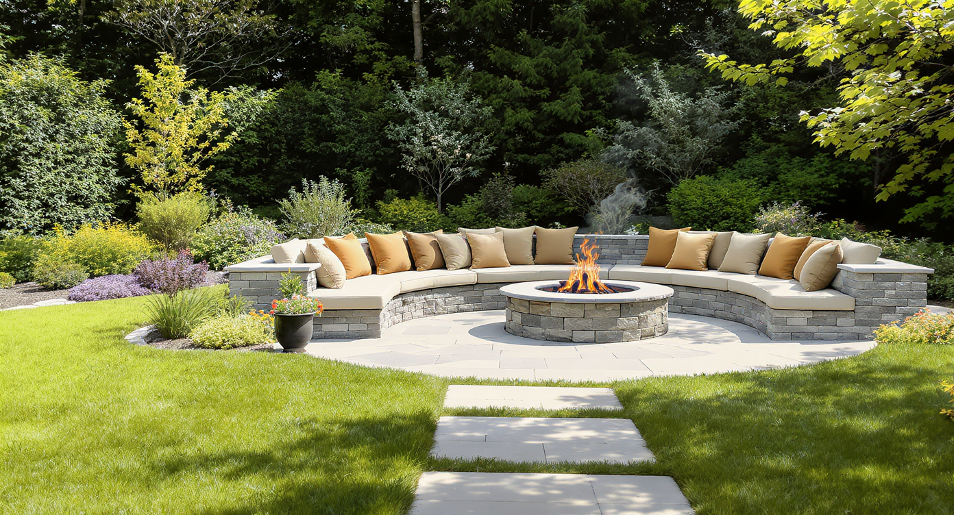 Outdoor space with stone path leading to sunken firepit area with built-in benches, surrounded by greenery in daylight.