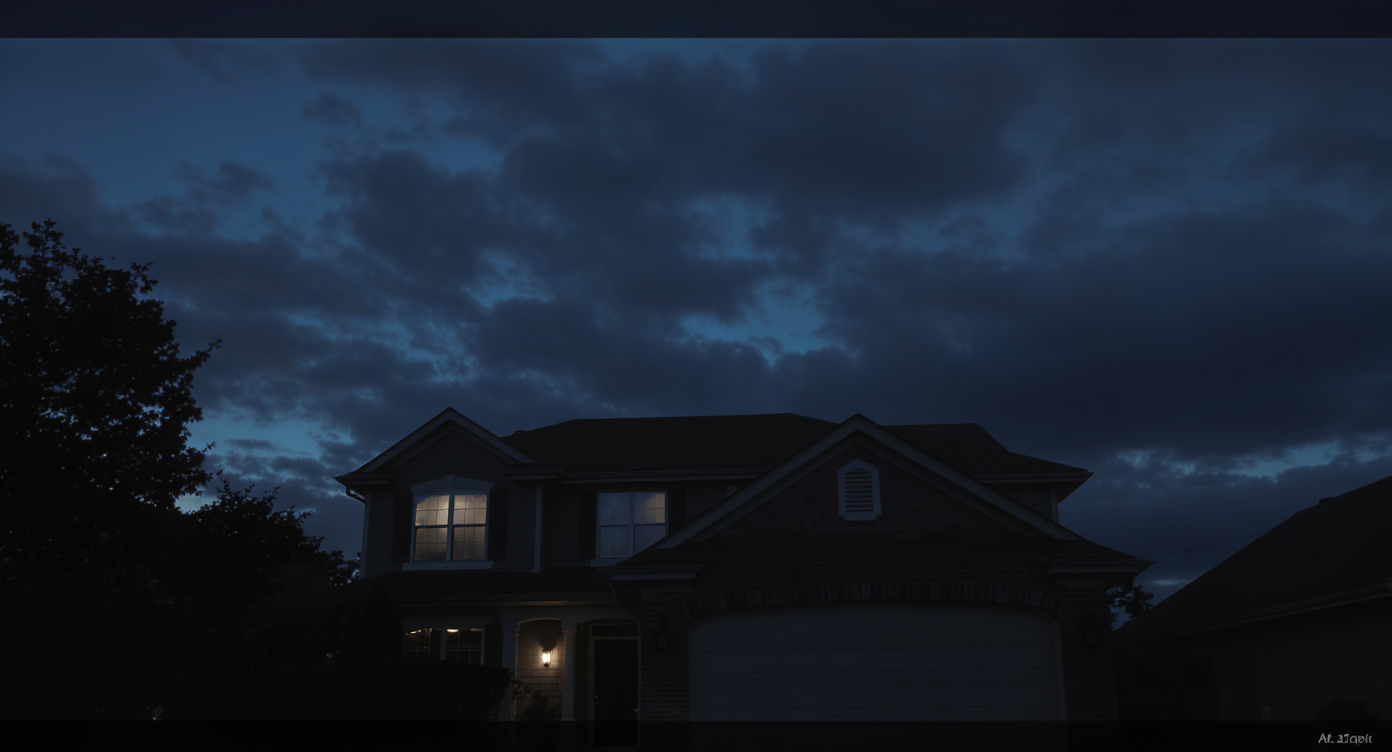 Twilight-style home exterior with moody, cloudy sky and dark vignette, obscuring rooflines and details.