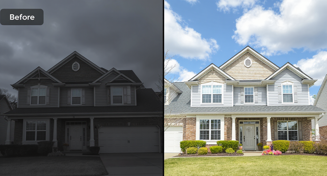 Split image showing dull overcast sky on left and bright blue sky with soft clouds on right over the same home exterior.