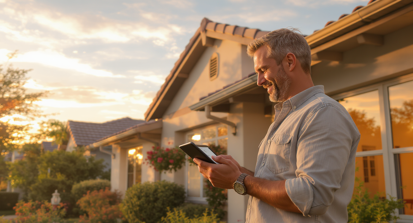 Photographer reviewing sky replacement on tablet outside home under warm, naturally lit sky at golden hour.