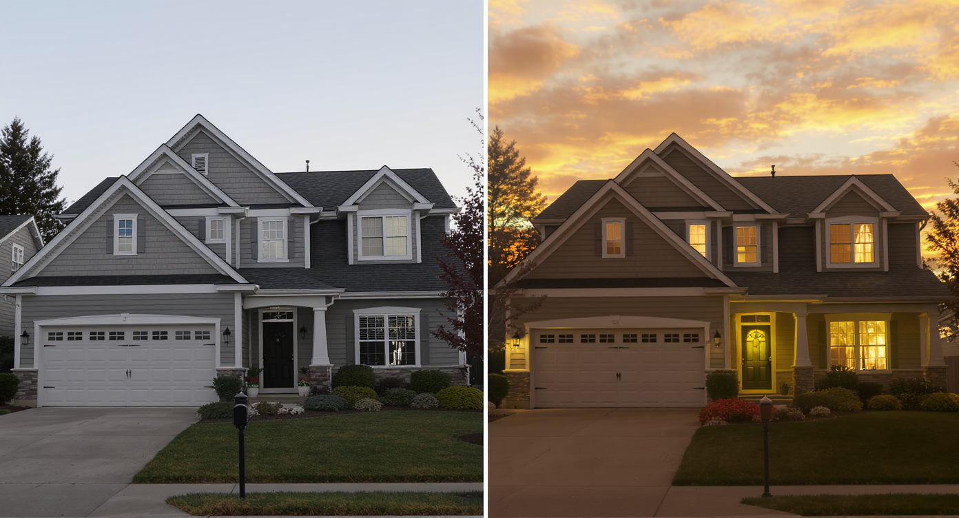 Side-by-side comparison of a home's facade with midday flat light and warm, glowing twilight lighting showcasing enhanced curb appeal and texture.