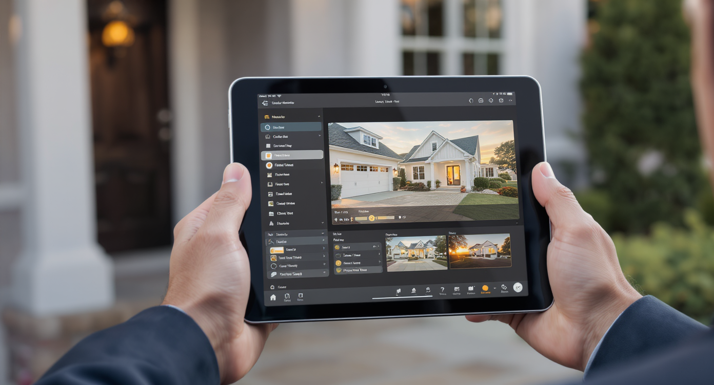Real estate agent holding a tablet outdoors showing step-by-step interface of Day to Dusk editing tool converting photos.