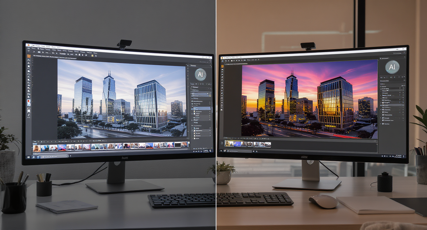 Side-by-side digital workspace showing daytime home photo and warm twilight edited version with golden hour lighting and glowing windows.