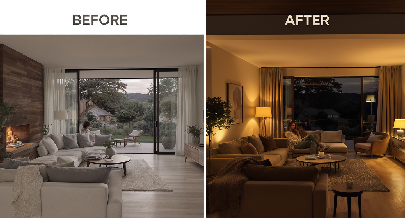 Open living room before-and-after photos showing flat daytime lighting transformed into warm, inviting dusk lighting with cozy interior ambiance.