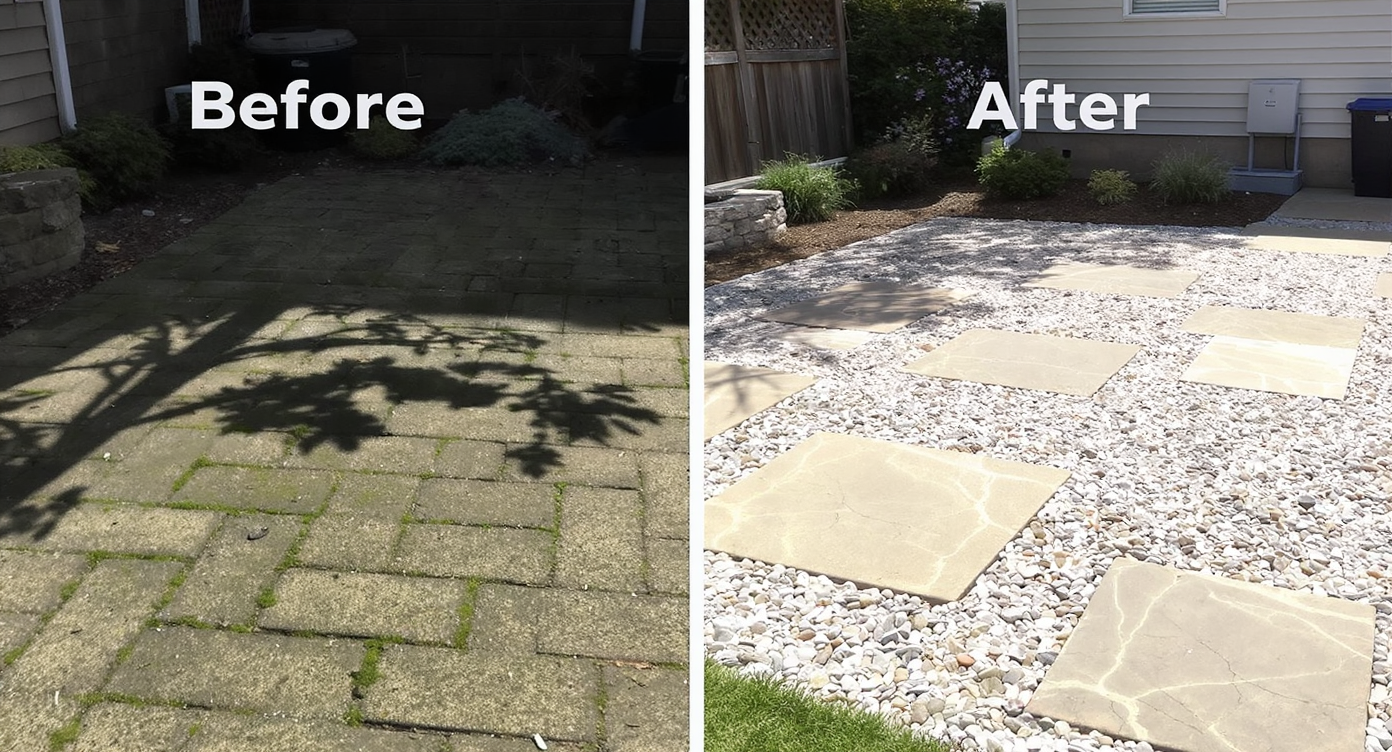 Split view of shaded patio with mossy brick on left and photorealistic angular gravel and flagstone on right, under natural light.