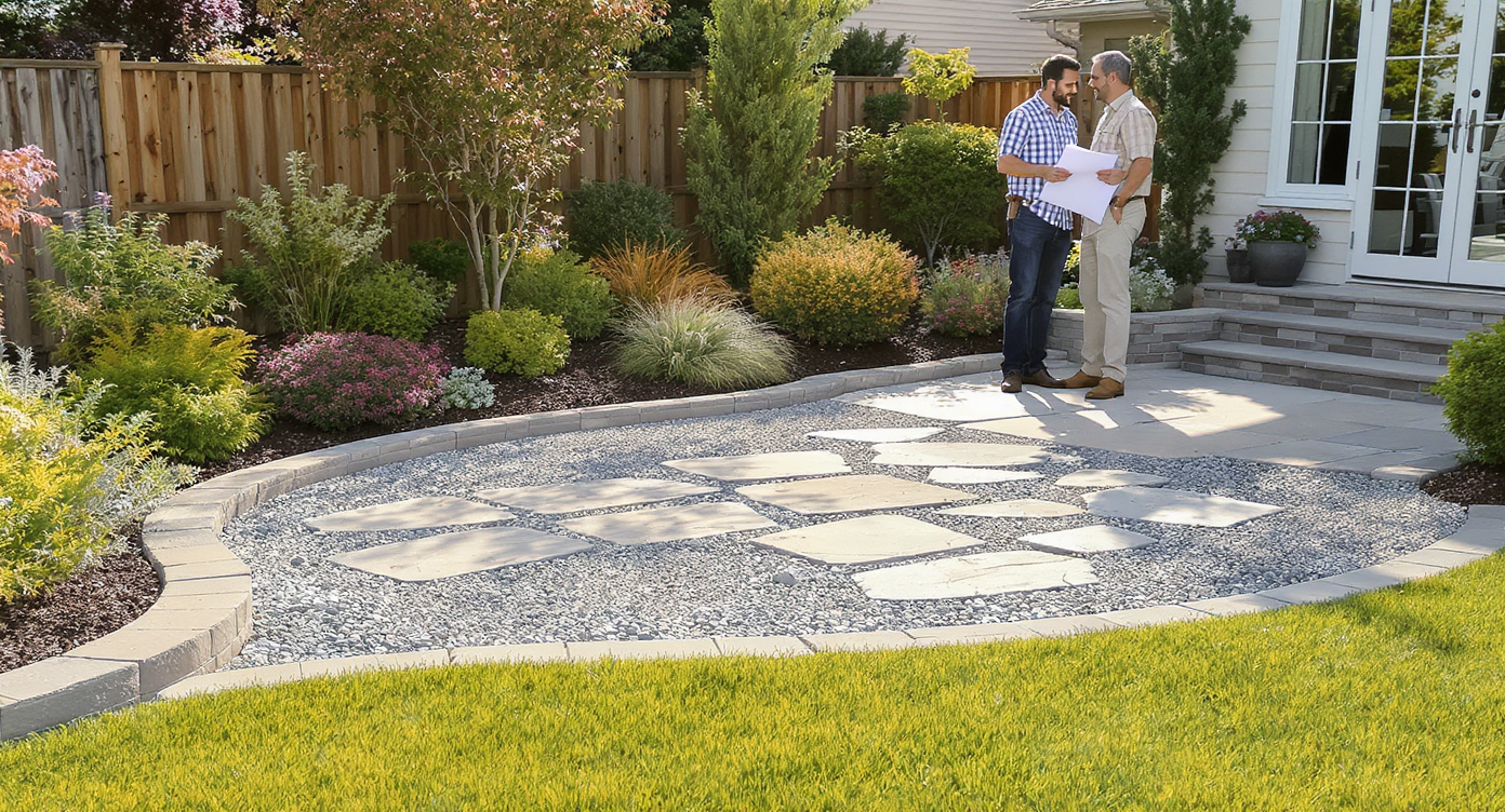 Backyard patio with realistic flagstone and gravel surfaces, natural slope and edging details, designer reviewing plans during daylight.
