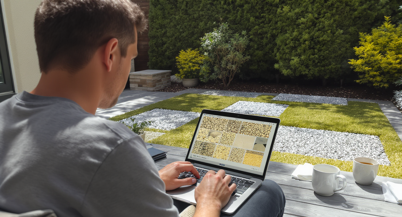 Homeowner outdoors previewing lawn replacement options on laptop with mossy brick patio in background in natural light.