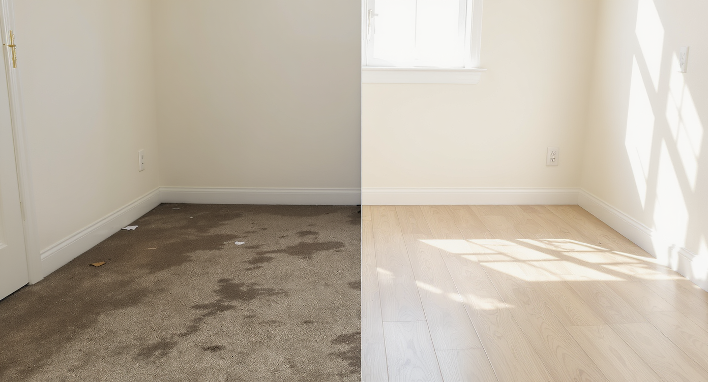 Bright empty room showing transition from damaged carpet and stains to clean, renovated flooring and walls.
