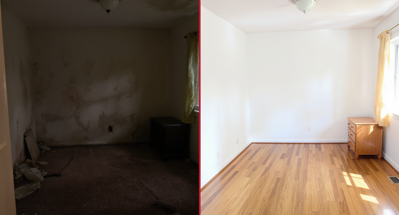 Side-by-side view of a small smoky, stained bedroom and its digitally brightened, renovated version with polished hardwood floors.